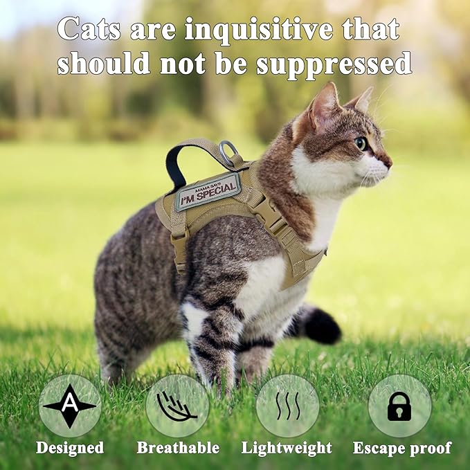 Tactical Cat Harness for Walking Escape Proof, Soft Mesh Adjustable Pet Vest Harness for Large Cat, Small Dog and Khaki…