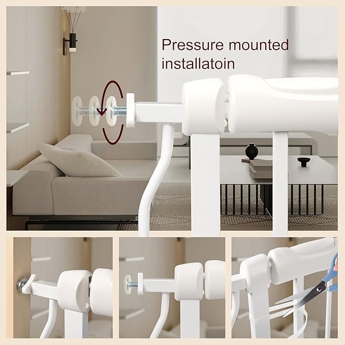 Baby Gate with Door 29.13-33.86 Pressure Mounted,Child Dog Pet Safety Gates with Walk Through Door for Doorways Stairs No Drilling in Door,White