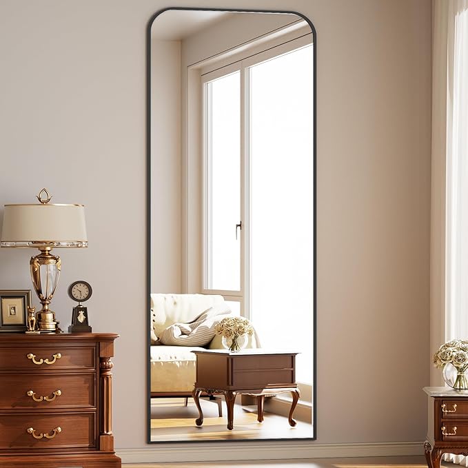 Full Length Mirror 56"x21" Arched Floor Standing Large Mirrors Full Body Mirror with Stand - with Aluminum Frame for Bedroom Living Room, Black