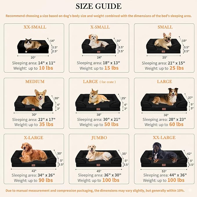 Comfort Expression Small Dog Beds Waterproof Orthopedic Foam Dog Sofa Beds for Small Dogs Comfy Pet Bed with Washable Removable Cover & Non-Slip Bottom(X-Small,Black)
