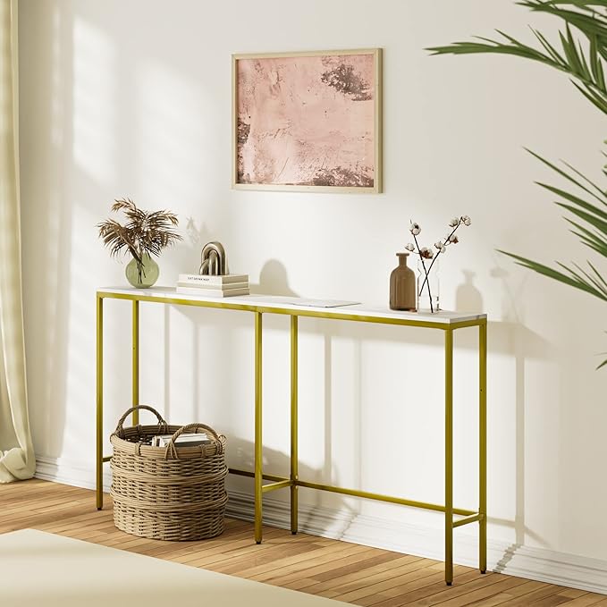 63" Console Table,Modern Narrow Long Sofa Table Behind Couch,Skinny Entry Table with Gold Metal Frame for Living Room, Hallway,Marble White