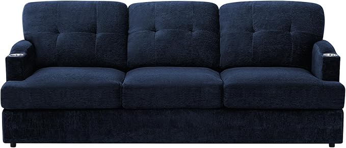 89" Chenille Modern Sofa with Cup Holder, Tufted Upholstered Couch with Thickened Cushions, Comfy 3 Seater Sofa with Deeper Seat for Living Room, Apartment,Blue