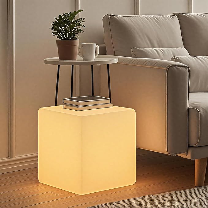 Mr.Go 15-Inch LED Cube Chair, 16 Dimmable RGB Colors Cube Seat w/Remote, Rechargeable Glowing Side Table, Waterproof Outdoor Floor Lamp for Patio, Pool, Home, Garden, Bar, Stage, Party Decor Lighting