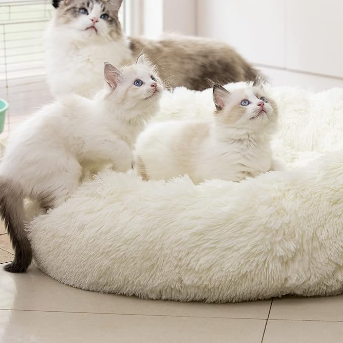Anti Anxiety Round Fluffy Plush Faux Fur Warm Washable Dog Bed & Cat Bed, Original Bed for Small Medium Large Pets,Used to Relieve Joints and Improve Sleep(20"/24"/27'') (24", White)