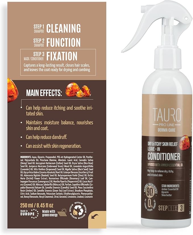Tauro Pro Line Dog Conditioner Spray for Itchy Skin - Soothes Dry, Sensitive Skin, Calms Itching from Allergies, Dandruff - Leave in Pet Conditioner for Dogs, Cat & Puppy (Derma Care 8.5 Fl Oz)