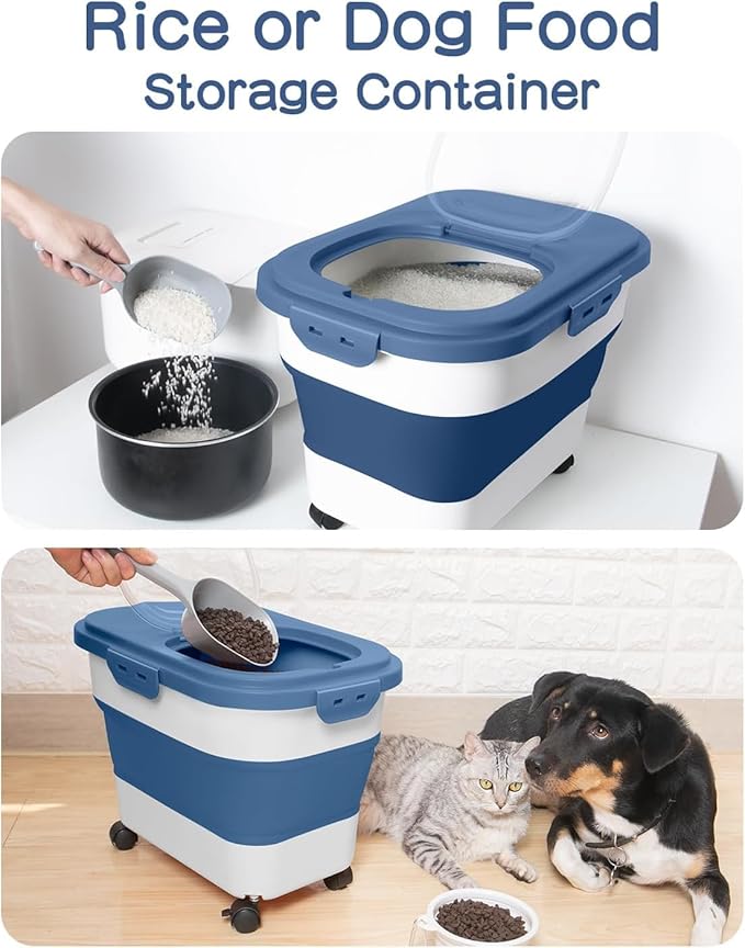 20-23 Lbs Dog Food Storage Container - Collapsible Dog Food Container with Wheels Airtight Lids, Scoop and Small Container, Pet Food Storage Dry Food For Dog, Cats and Other Pet (Blue)