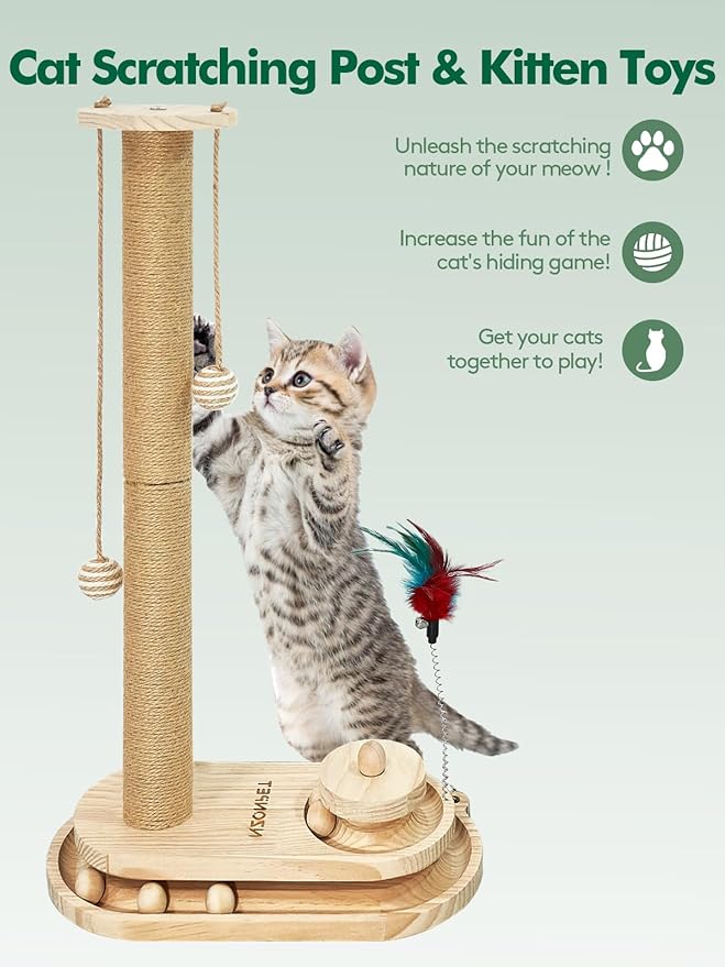 NZONPET Cats Scratching Post 34.3" Tall Scratch Post Premium Sisal Rope Scratch Posts for Kitten and Adult Cats All Natural Rope Wooden Ball Track Interactive Toy with Dangling Balls