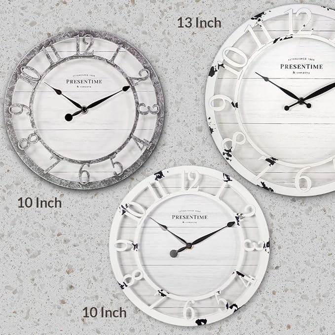 Presentime & Co 10" Farmhouse Series Wall Clock, Shiplap Style, Raised 3D Arabic Numeral, Antique Distressed White