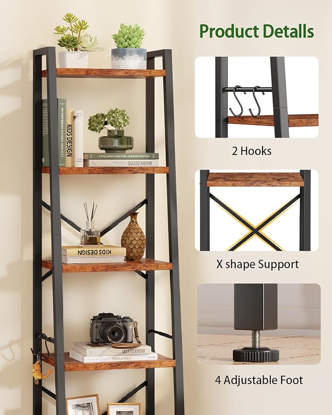Furologee 6 Tier Ladder Shelf Bookcase, Tall Ladder Bookshelf Narrow with 2 Hooks, Industrial Metal Wooden Shelf Free Standing, Skinny Bathroom Shelves for Bedroom Living Room Kitchen, Rustic Brown