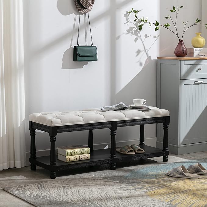 DUOMAY Mid-Century Tufted Storage Bench with Shelf, Linen Upholstered Farmhouse Entryway Shoe Bench Ottoman Bed End Stool for Bedroom Living Room Dining Room, Black Wood Frame, White