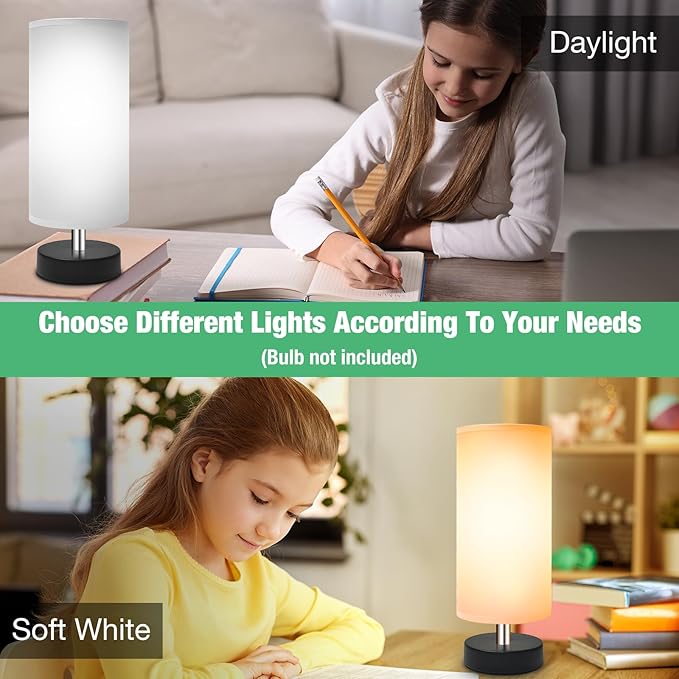 Small Lamp for Bedroom, Bedside Lamps for Night Stands, Mini Minimalist Table Lamp with Round Gray Fabric Shade, 11.4 Inch Desk Reading Lamp for Dorm Room Living Room Office Room, 2 Pack