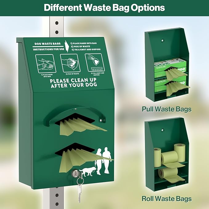 Aluminum Outdoor Dog Bag Dispenser with Pick Up After Your Dog Sign - Wall Mounted Poop Bag Dispenser for Pet Waste -Included Lock and Mounting Hardware
