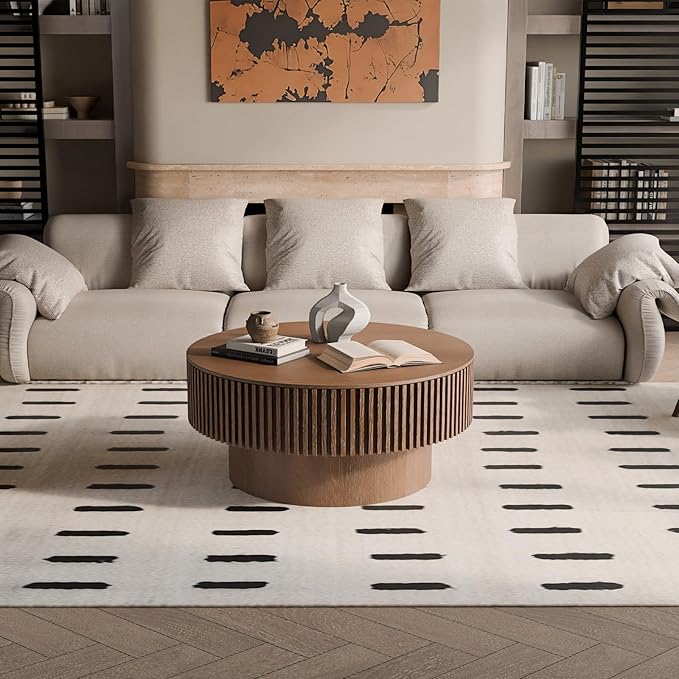 31.5'' Small Round Coffee Table with Storage, Fluted Coffee Table with Solid Wood Veneered, Mid Century Modern Wooden Center Table, Accent Tea Table for Small Space Living Room Apartment, Walnut