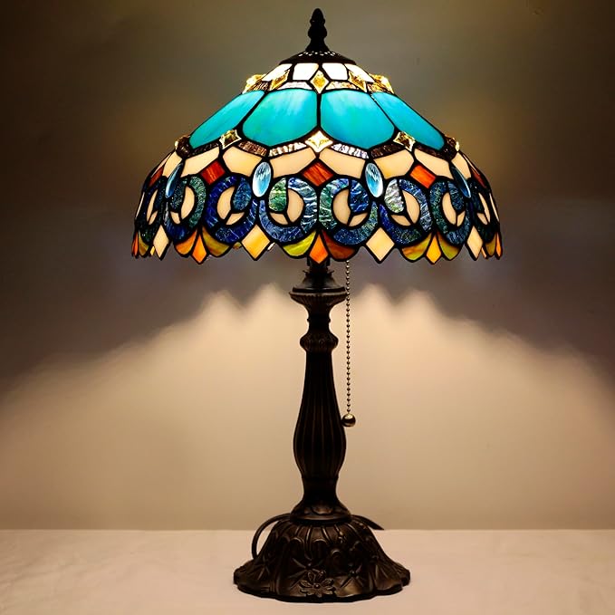 Tiffany Table Lamp Stained Glass Lamp 12X12X19 Inch Antique Reading Light (Blue Jewelry Baroque)