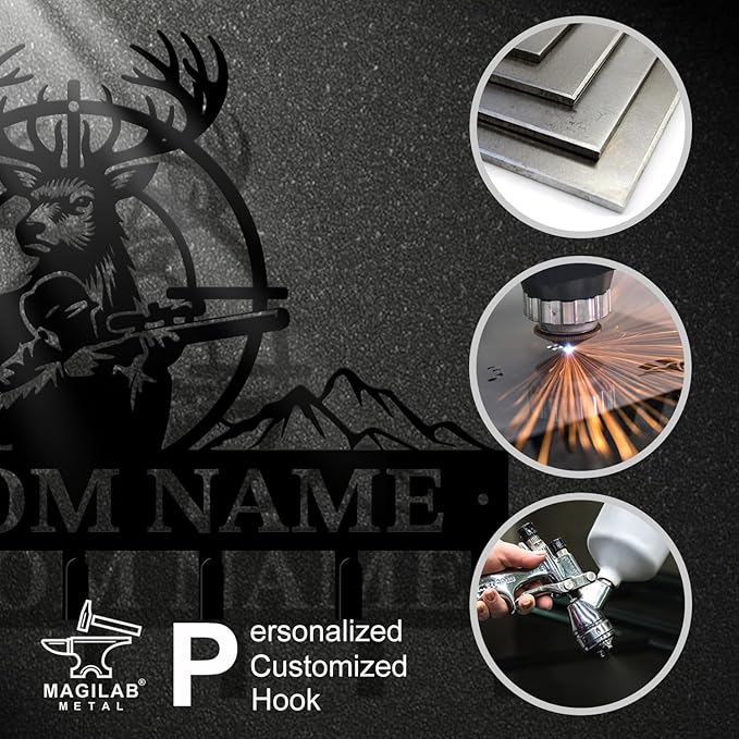 Personalized Custom Name Hunting Deer Wall Key Hooks,Metal Hunting Art Clothes Hooks,Metal Hunting Wall Home Storage Decorative,Hunter For Front Door, Hallway, Kitchen, Bedroom,Keys,Hats (Style J)