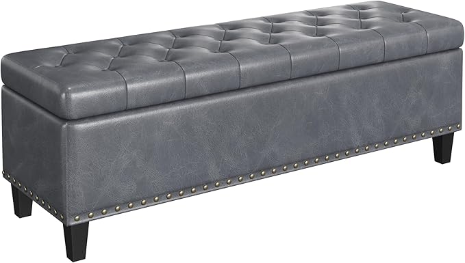 Large Storage Bench, 51-Inch Ottoman for Bedroom End of Bed, 30 Gallons Faux Leather Bench for Bedroom, Living Room, Entryway, Hallway, Grey