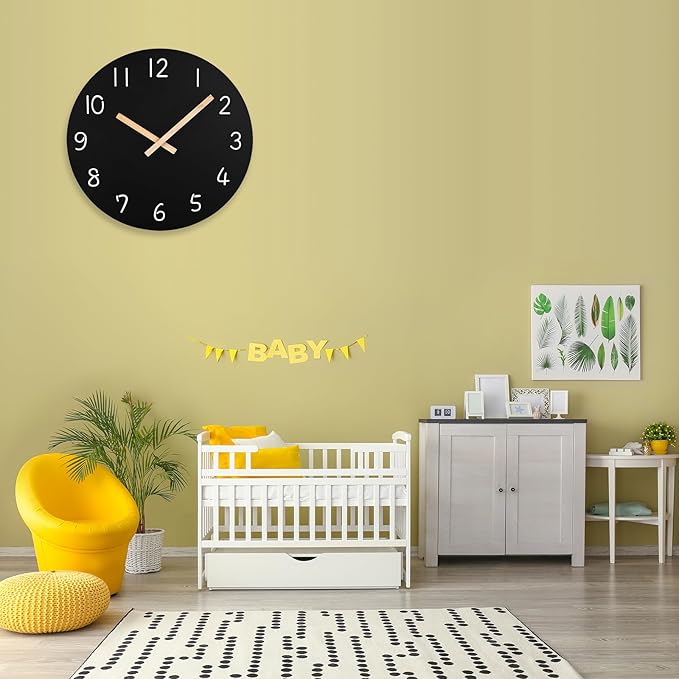 Plumeet 12'' Wooden Wall Clock Frameless Clocks with Silent Quartz Movement - Modern Style Village Wall Clocks Decorative Home Kitchen - Battery Operated (Black)