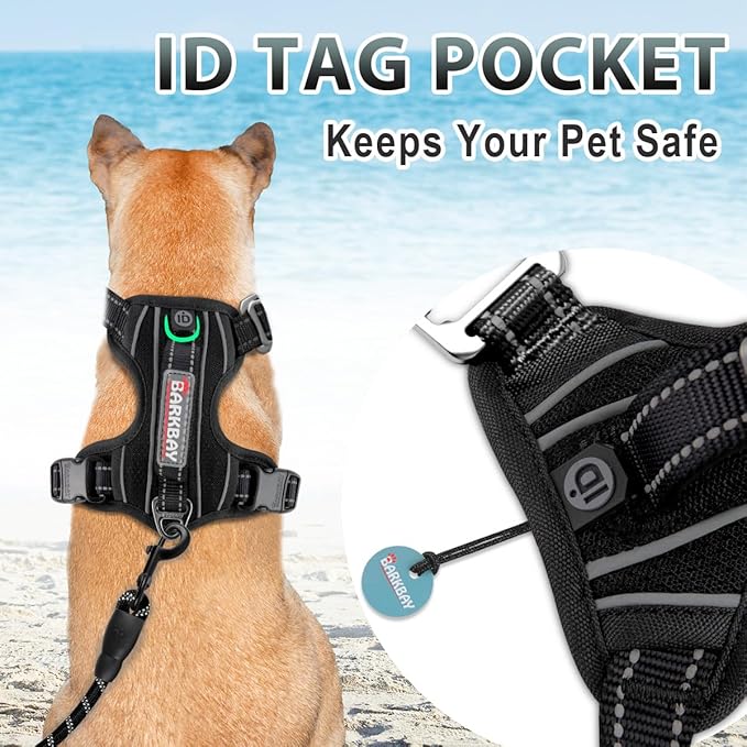 BARKBAY No Pull Dog Harness 3 Buckles Large Reflective Dog Harness with Front Clip and Easy Control Handle for Walking Training Running with ID tag Pocket(Black,L)