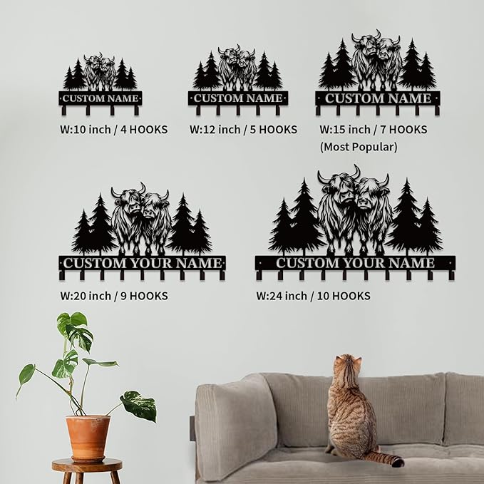 Personalized Highland Cow Metal Keys Hooks,Custom Name Metal Highland Cow Keys Hooks,Black Metal Highland Cow Wall Home Storage Decorative Keys Hooks,Key Holder Hooks for Wall (Style I)