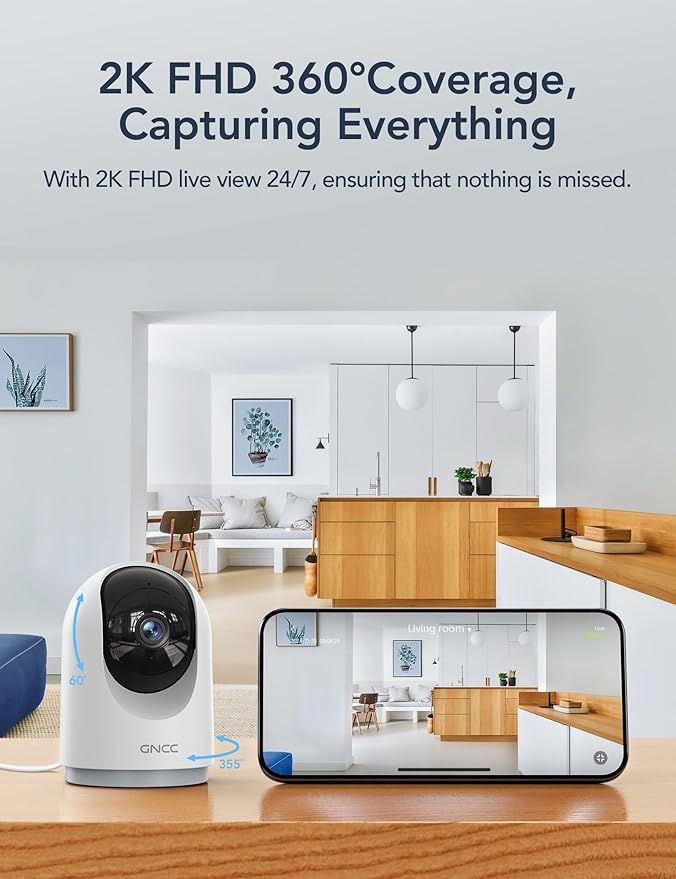 GNCC Indoor Security Camera, 2K Cameras for Home Security with Motion Detection, Baby/Pet Camera with Phone App, Night Vision, 2-Way Audio, Works with Alexa & Google Home, 2.4G WiFi (only)