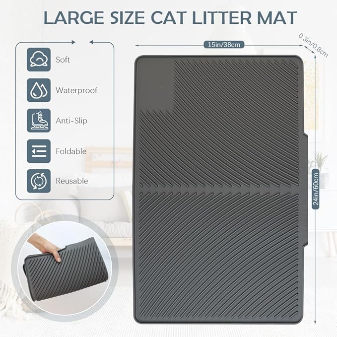 Cat Litter Mat, Silicone Kitty Litter Mat Waterproof Litter Catcher Mat, Litter Box Mat, Cat Litter Trapper for Floor, Anti-Slip and Easy to Clean (Grey)