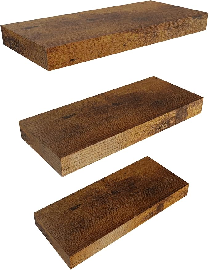 Floating Shelves for Wall Decor Set of 3, 15 Inch Wall Mounted Floating Shelf with Invisible Brackets, Rustic Wood Storage Shelf for Bathroom, Bedroom, Kitchen, Office, or Living Room, Rustic Brown