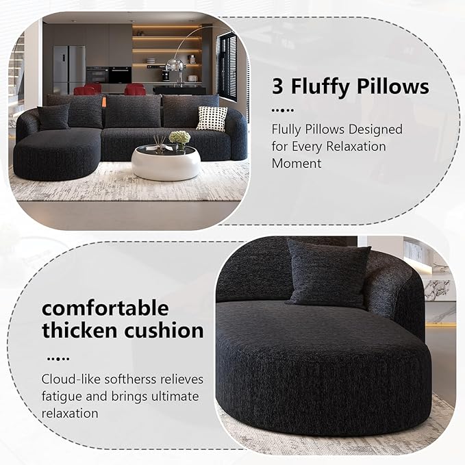 111" Modular Sectional Couches Luxury Modern Curved Back Sofa,Minimalist Comfy L-Shape Boneless Cloud Couch for Living Room Apartment,(Left Facing Chaise,Black)