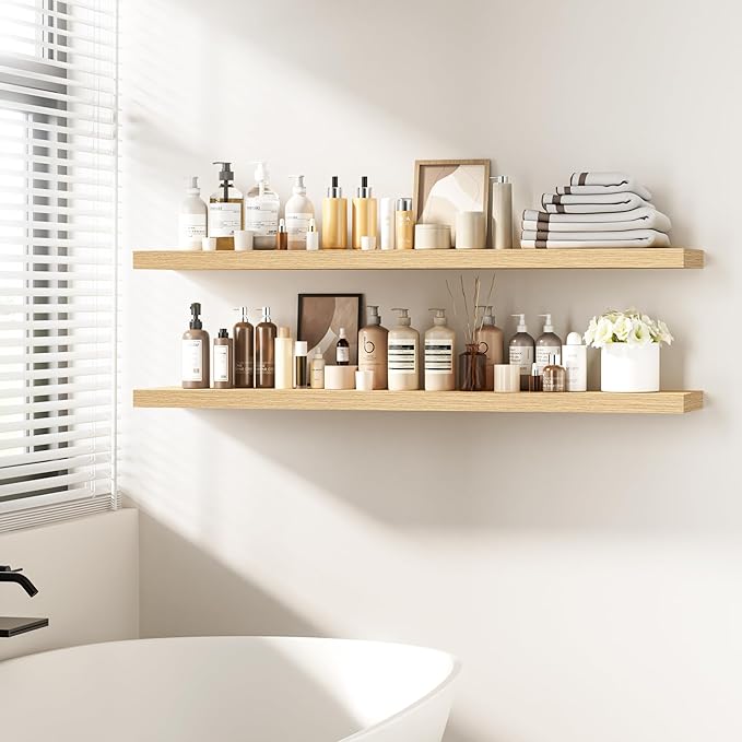 Fun Memories Floating Shelves - 12 Inch Rustic Wooden Wall Shelves - Extra Deeper & Thicker Wall Mounted Storage Shelf for Living Room, Kitchen, Farmhouse - 55" W x 12" D x 1.8" H - Oak