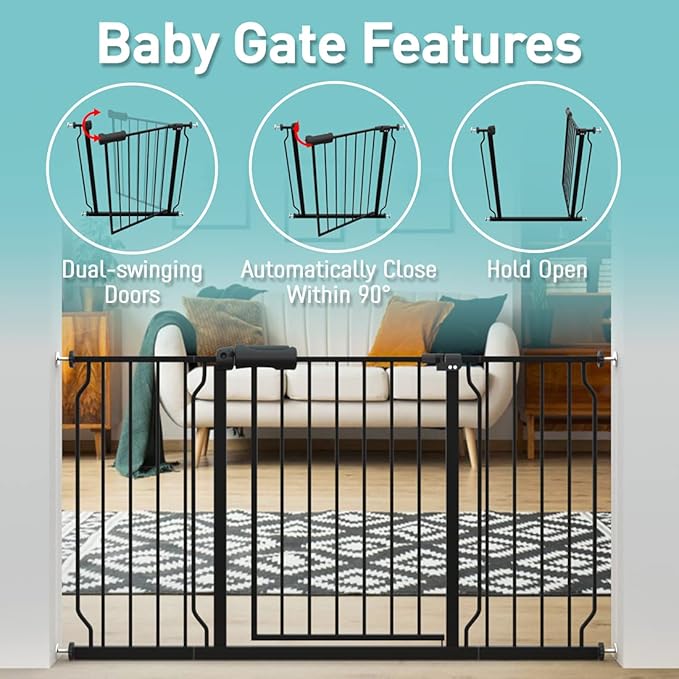WAOWAO Baby Gate 29.13-33.86" Extra Wide Pressure Mounted Walk Through Swing Auto Close Safety Black Metal Toddler Kids Child Dog Pet Puppy for Stairs,Doorways,Kitchen