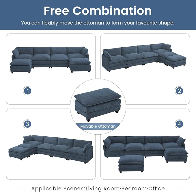 ROWHY Oversized Modular Sectional Couch with 2 Movable Ottoman, 148" Modern Convertible U Shaped Sofa Set, 4 Seat Comfy Cloud Couch with 2 Throw Pillows, for Living Room, Chenille, Royal Blue