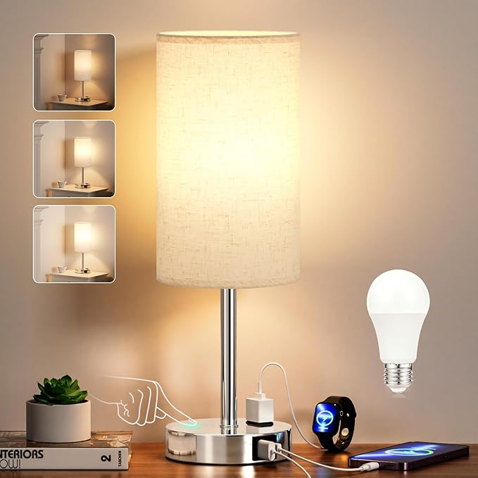 17.4Inch Bedside Touch Table Lamps for Bedroom Nightstand with USB-C USB-A Charging Ports White - 3 Way Dimmable Control Small Lamp Fabric Shade Silver Base for Office, Dorm Room, Living Room, Reading