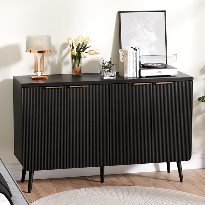 4-Door Fluted Sideboard Buffet Cabinet, 47" Large Storage Cabinet with Shleves, Wood Modern Accent Credenza Kitchen Table for Dining Room, Living Room & Entryway, Black