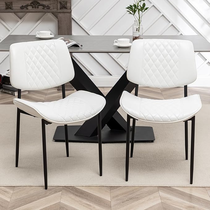 Modern Dining Chairs Set of 2, Leather Dining Chair with Metal Legs, Upholstered Dining Room Chairs for Dining Room, Kitchen, Vanity (White)