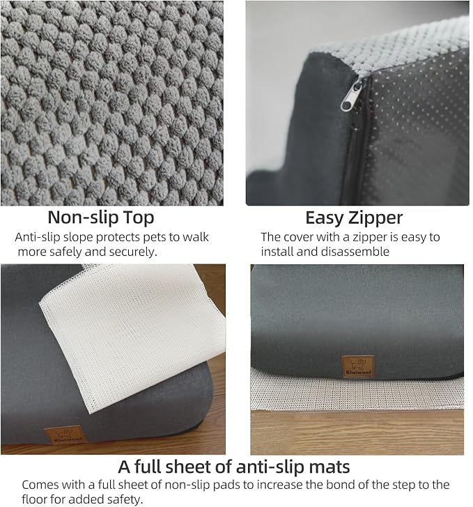 5 Step Pet Stairs Ramp for High Beds Sofas 5-30 Inch with Sturdy Non Slip Waterproof Pads, Machine Washable Cover Indoor Balanced Design for Cats Dogs Small Medium Large XL Pets Grey (Black, Large, 1)