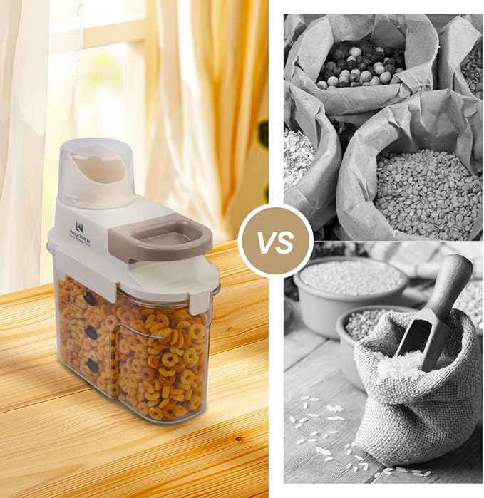 Airtight Cereal Containers Storage Food Dispenser, Plastic Cereal Storage Containers with Pouring Spout, Lids and Measuring Cup for Sugar,Rice, Coffee Beans, Dry Food, Grains, BPA Free - 1300ml (Grey)