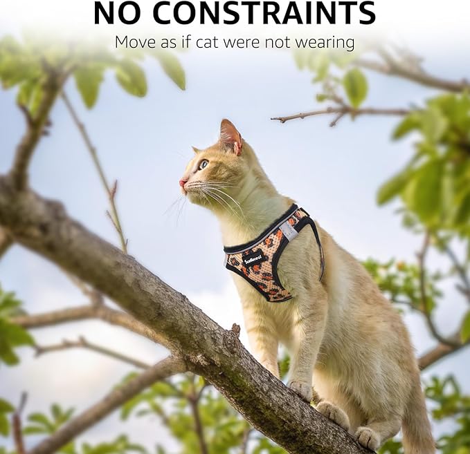 SCENEREAL Cat Harness & Leash Set Escape Proof - Adjustable Air Mesh Vest with Reflective Strips for Kittens, Puppies, Rabbits, Khaki Leopard S