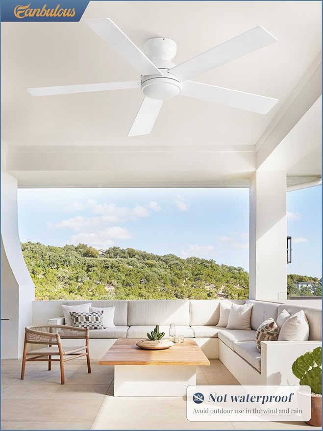 48 Inch Flush Mount Ceiling Fan without lights, White Ceiling Fan with Remote, 6-Speeds, Quiet Reversible DC Motor, Indoor/Outdoor Ceiling Fans for Living Room, Bedroom, Patio