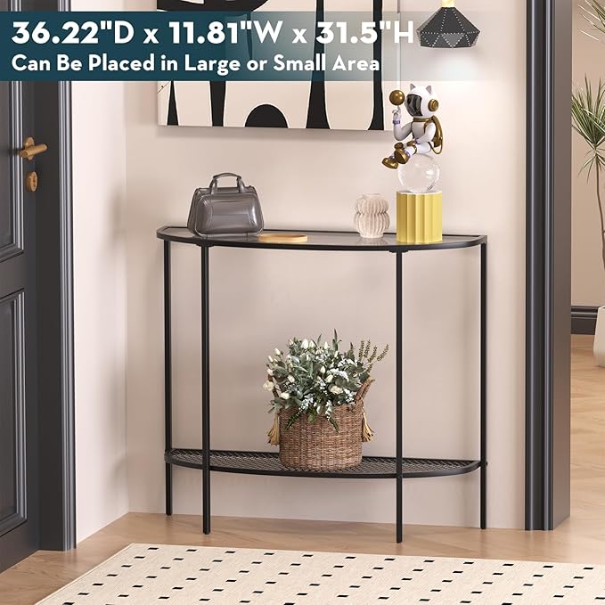 SAYGOER Glass Console Table 2 Tier Half Moon Entryway Table Modern Couch Table Small Entry Way Tables for Living Room Hallway, Easy Assembly, Gray Glass