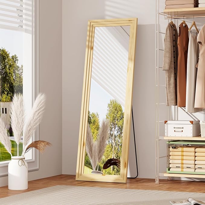 Full Length Mirror,65x22 Inch Full Length Mirror Wall Mounted,Vertical Hanging,Leaning Standing for Bedroom,Living Room,Rectangular Wooden Frame,Log Color.