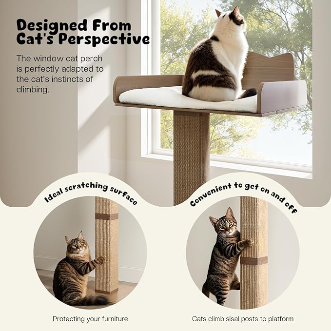 Cat Window Perch with Thick Sisal Scratching Post, Cats Hammock for Window with 3 Upgrade Suction Cups, 55" Adjustable Tall Cat Scratching Post with Large Perch, Cats Window Bed with Fuffy Cushion