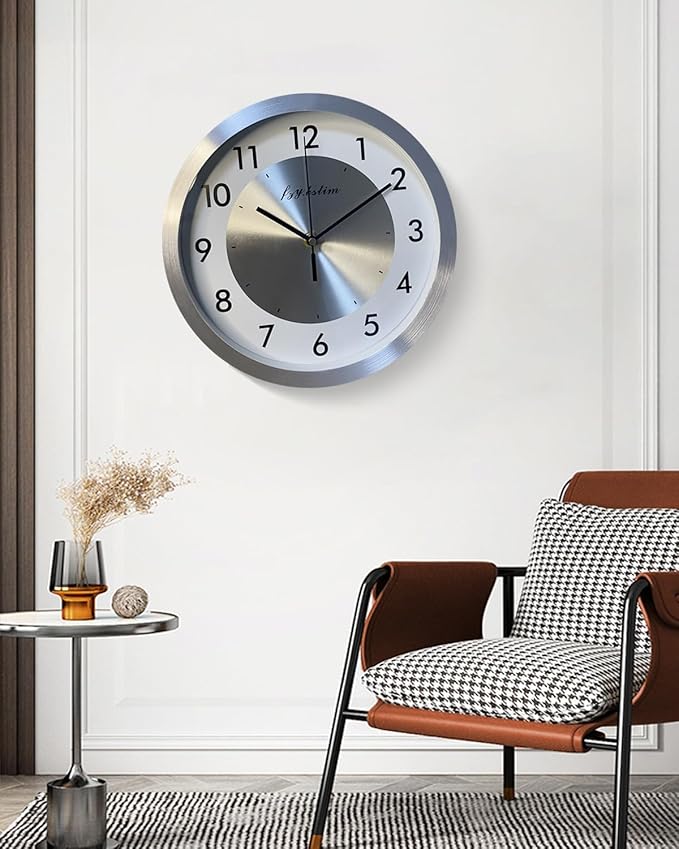 Non Ticking Silent Wall Clock Decorative,Analog Metal Wall Clock Battery Operated,Living Room/Office/Kitchen Clock,10 inch
