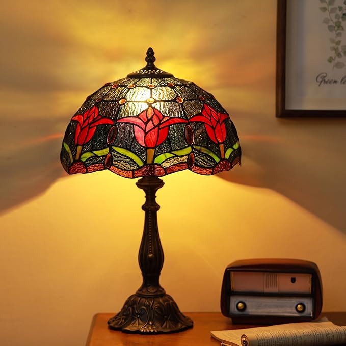 Tiffany Lamps Red Tulip Style Stained Glass Table Lamp Desk Bedside Reading Light 12X12X18.5 Inches with Bronze Resin Base Applicable to Bedroom Living Room Office