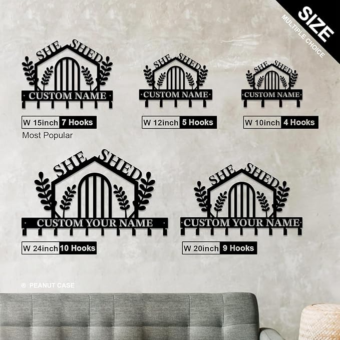 Personalized She Shed Keys Hooks,Custom Name Metal She Shed Art Keys Hooks,Metal She Shed Lover Wall Home Storage Decorative Keys Hooks,Key Holder Hooks for Wall (Style B)