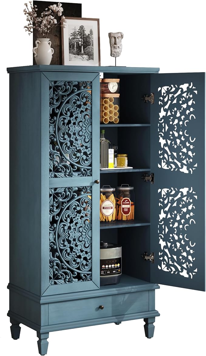 Rustic 55'' Tall Storage Cabinet with 2 Hollow-Carved Doors a Drawer, Wood Accent Cabinet with Solid Wood Legs for Living Room, Hallway, Dining Room (Antique Blue-T)