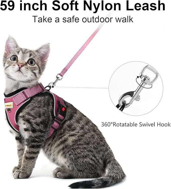 Cat Harness and Leash for Walking, Retractable Cat Harnesses and Leash Set Escape Proof, Breathable Soft Kitten Small Large Harness for Travel Training and Walking, Pink, XS