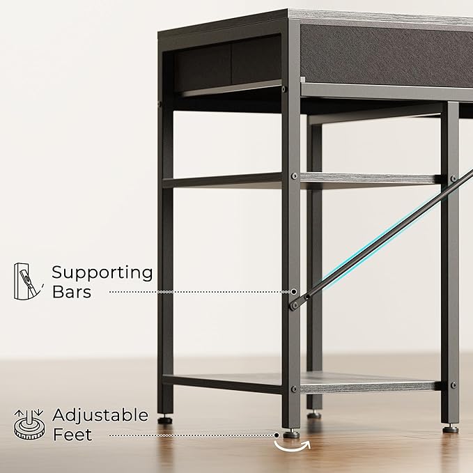 Huuger Computer Desk with 6 Drawers, 63 Inch Office Desk with Shelves, Reversible Gaming Desk, Corner Desk with Storage, for Home Office, Study, Living Room, Grey