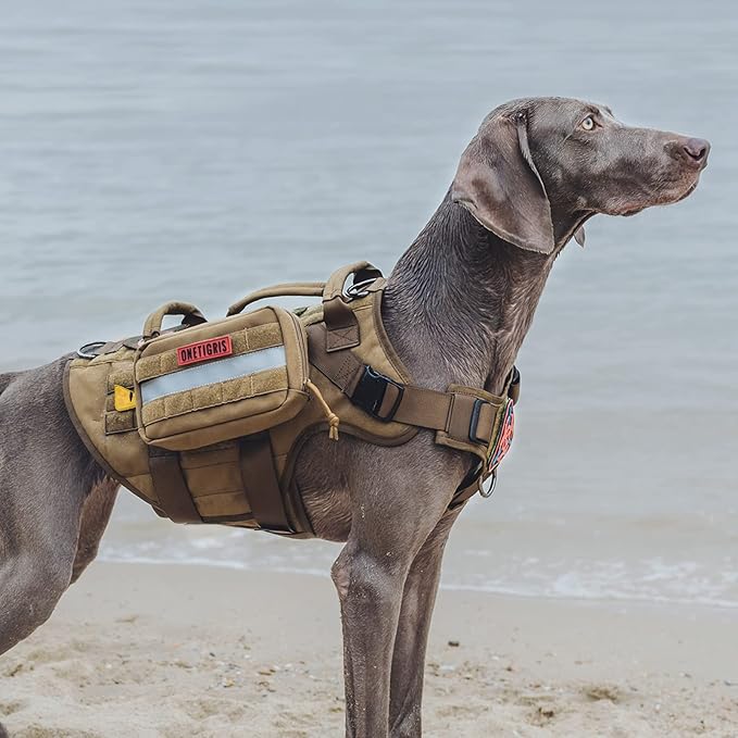 OneTigris Large Tactical Dog Harness, No Pulling Adjustable Dog Vest Harness, Heavy Duty Dog Harness with Handle, Large Hook and Loop Panels for Patch Brown