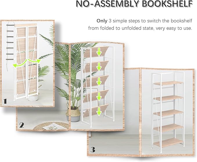 4NM No Assembly Folding Bookshelf, 5-Shelf 62.2" H Collapsible Foldable Bookcase Storage for Small Spaces, Natural White