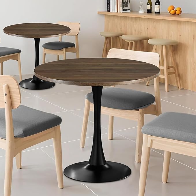 24" Tulip Table for 2-3 Persons Walnut Modern Round Dining Tables Mid-Century Kitchen Table Wooden MDF Top Steel Base Small for Living Room Balcony Leisure (Walnut, 23.6")