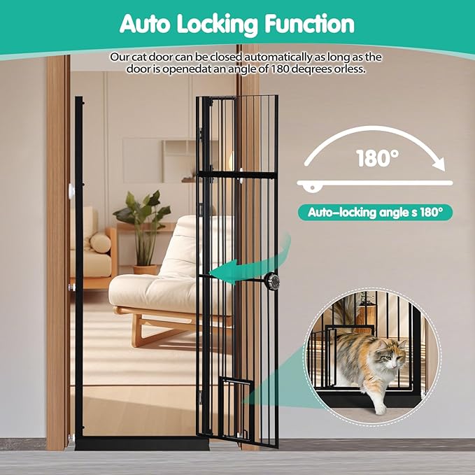 71" Extra Tall Pet Gate with Cat Door, 30"-39.69" Adjustable Wide, No Drill Pressure Mounted Auto-Close Safety Pet Gate Walk Through Safety Cat Gate